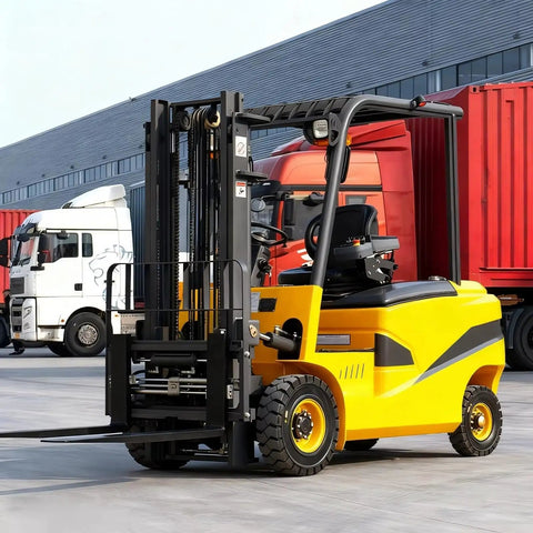 Heavy Duty Industrial Electric Forklift With Precision Steering, 4-Way Counterbalance Pallet Stacker in a shipping yard.