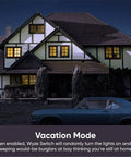 Night view of a home with lights on illustrating Smart WiFi Light Switch For Single Pole Circuits 2.4 GHz Neutral Wire Required Works With Alexa Google Assistant And IFTTT No Hub Needed 3 Pack White For Modern Homes Like A Breeze vacation mode