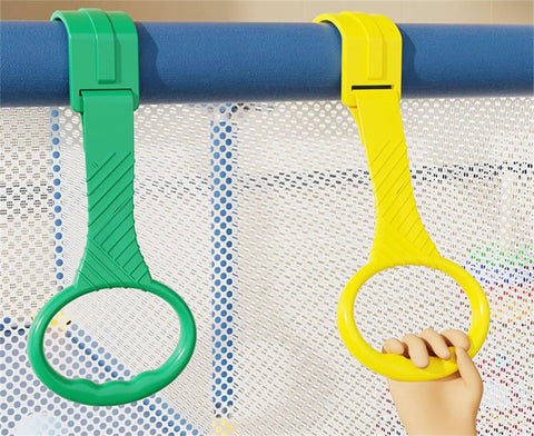 Five Color Baby Walk Assistant Rings for Toddlers Easy Stand Up Practice Tool Plastic Crib Pull Up Rings for Infant Cot Hanging Rings 3.5x7.5 Inches Bright Durable Set, green and yellow rings on crib rail