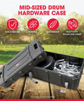Smooth Ride Mid Size Drum Hardware Case With Roll Along Wheels And Easy Grip Pull Handle For No Sweat Gig Moves Heavy Duty Molded Shell open showing hardware.