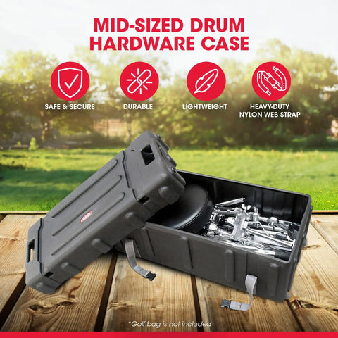 Smooth Ride Mid Size Drum Hardware Case With Roll Along Wheels And Easy Grip Pull Handle For No Sweat Gig Moves Heavy Duty Molded Shell open showing hardware.