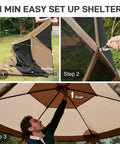 Step-by-step setup of Pop Up Screen House Tent For Camping 11.5 By 9.8 Ft Instant Gazebo With Netting in a backyard.