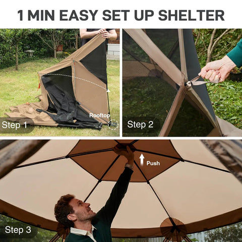 Step-by-step setup of Pop Up Screen House Tent For Camping 11.5 By 9.8 Ft Instant Gazebo With Netting in a backyard.