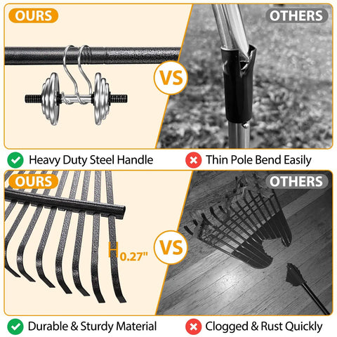 Comparison showing heavy duty garden leaf rake with 9 inch narrow head and 65 inch adjustable handle versus a weaker rake.