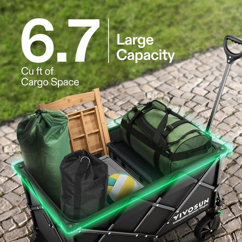 Heavy Duty Collapsible Folding Wagon With 350 Lb Haul Capacity loaded with camping gear, adjustable handle visible
