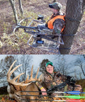 Hunter with crossbow and deer, showcasing Crossbow Bolts 20 Inch Carbon Shaft Arrows With Replaceable Screw In Tips Green Feather Fletching