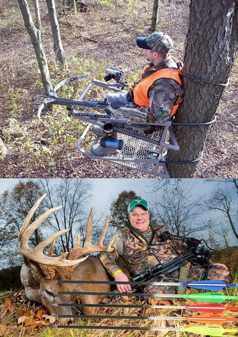Hunter with crossbow and deer, showcasing Crossbow Bolts 20 Inch Carbon Shaft Arrows With Replaceable Screw In Tips Green Feather Fletching
