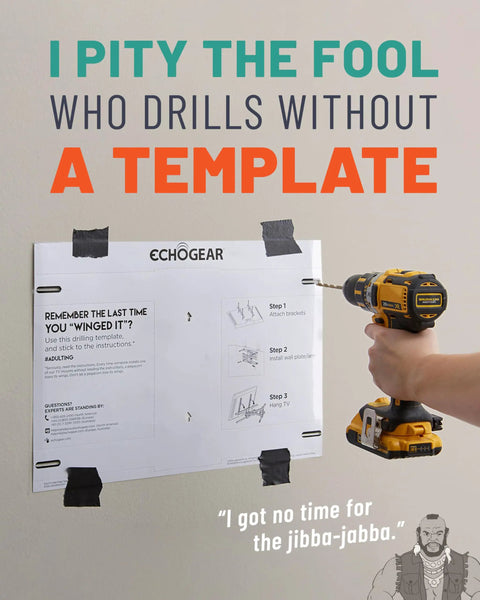 Drill handheld with instruction template for Heavy Duty Full Motion TV Wall Mount Bracket. Simple installation guide displayed.