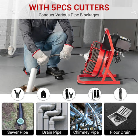 Professional 75 Ft X 1/2 Inch Drain Auger Featuring Responsive Foot Switch for pipe clearing, shown in use on a sewer pipe.