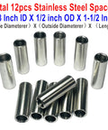 12 Pack 304 Stainless Steel Spacer Standoff Bushing Set Three Eighths Inch Inner Diameter One Half Inch Outer Diameter One And One Half Inch Length Plain Finish Round Metal Spacers For Three Eighths Inch Screws Bolts And Rods, 12pcs shown