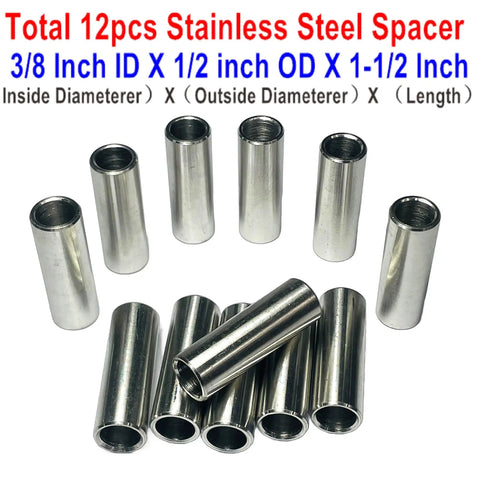12 Pack 304 Stainless Steel Spacer Standoff Bushing Set Three Eighths Inch Inner Diameter One Half Inch Outer Diameter One And One Half Inch Length Plain Finish Round Metal Spacers For Three Eighths Inch Screws Bolts And Rods, 12pcs shown