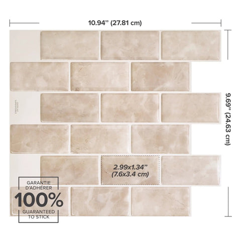 Peel And Stick Backsplash Tiles 10.95 By 9.70 Inches, 3D Adhesive Bezel Beige Marble Look, Pack Of 10, DIY Easy Install For Kitchen And Bathroom Walls shown with measurements