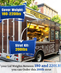 Gas strut kit for food truck with cover weight 180-220lbs, suitable for 28 Inch Gas Struts 200 Pounds With 10Mm Ball Studs Pair Heavy Duty Lift Supports Smooth Swing For Snowmobile Trailers Tonneau Covers And Tailgates Built Rugged And Ready.