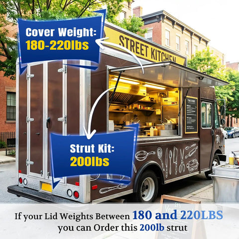 Gas strut kit for food truck with cover weight 180-220lbs, suitable for 28 Inch Gas Struts 200 Pounds With 10Mm Ball Studs Pair Heavy Duty Lift Supports Smooth Swing For Snowmobile Trailers Tonneau Covers And Tailgates Built Rugged And Ready.