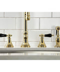 Duchess Widespread Kitchen Faucet Sprayer In Polished Brass, Solid Brass Build, Deck Mount, ADA Lever Handles, Sleek Regal Vibe