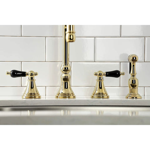 Duchess Widespread Kitchen Faucet Sprayer In Polished Brass, Solid Brass Build, Deck Mount, ADA Lever Handles, Sleek Regal Vibe