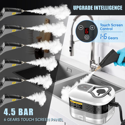 Heavy Duty 2500W Handheld Steam Cleaner cranks out piping hot vapor in 15 seconds, cleaning kitchen surface with steam.