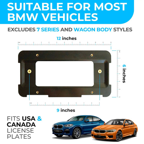 BMW Rear Bumper License Plate Bracket 2000 To 2026 with size dimensions, suitable for most BMW vehicles, fits USA and Canada plates