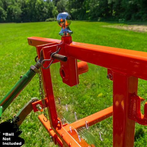 Six In One Tractor Attachment With Pallet Forks, Hay Spear Sleeve, Gooseneck Trailer Hitch, 2-Inch Receiver, Recovery Hooks, And Headache Rack