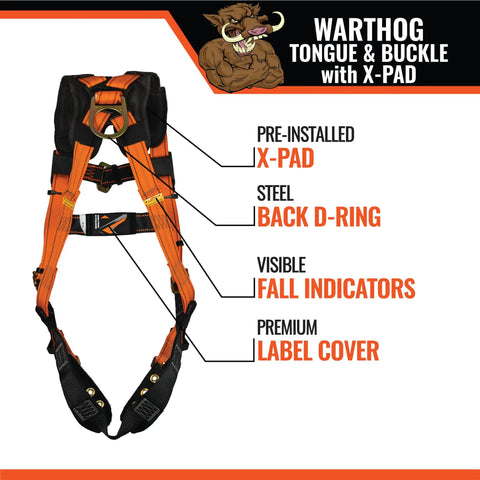 Warthog Tongue And Buckle Full Body Fall Protection Harness With X Pad, ANSI Z359.11 Compliance, visible features labeled