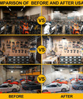 Comparison of before-and-after lighting in garage and workspace with Cordless LED Work Light With 20V Battery Compatibility.