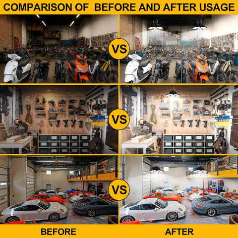 Comparison of before-and-after lighting in garage and workspace with Cordless LED Work Light With 20V Battery Compatibility.