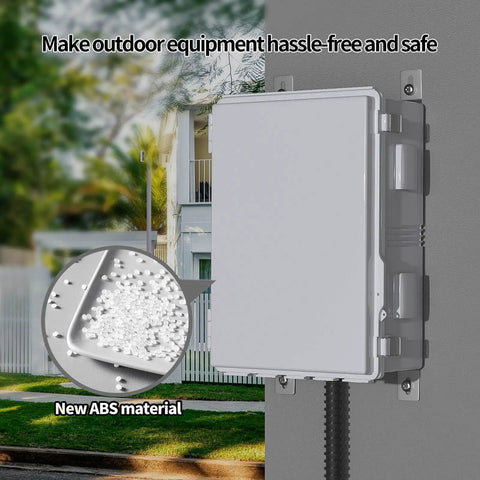 Outdoor Electrical Enclosure With Thermostat And Fan, Ventilated All Weather Box, rugged ABS material, mounted on outdoor wall