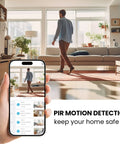 4K Ultra Clear Wireless Indoor Security Camera with 100 Day Battery Life tracking motion in living room via smartphone