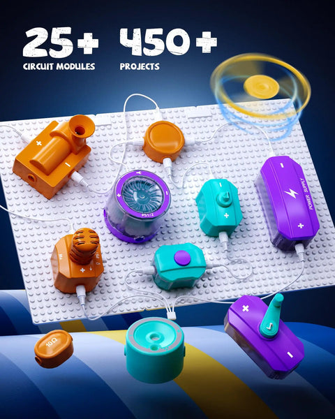 Hands On Electric Circuit Kit With Over 450 DIY Projects And 45 Parts For Kids Ages 4 To 12 circuit modules on display board.