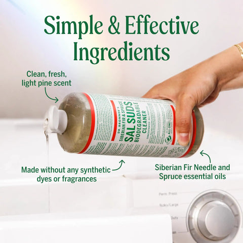 Person pouring Sal Suds Biodegradable All Purpose Cleaner Concentrate for floors, dishes, laundry into washing machine