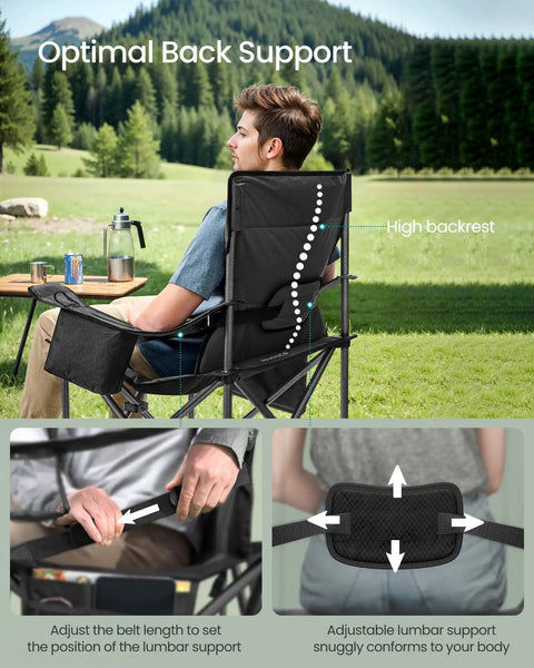 Man sitting on Oversized Camping Chair With Cup Holder And Cooler Bag Heavy Duty Folding Lawn Seat for Glamping 450 lb Capacity Padded