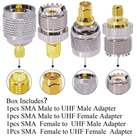 UHF Antenna Adapter Kit For CB Radios And Ham Gear, 50 Ohm Coaxial Connectors PL259 SO239, Brass Construction, 4-pack display