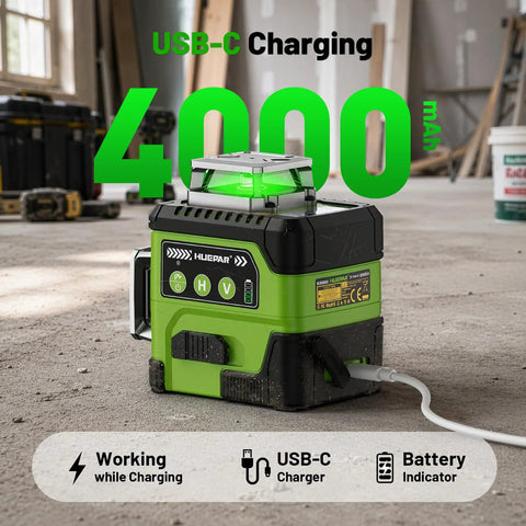 Self Leveling Laser Level With LCD Display And Rechargeable Battery, Three 360 Degree High Brightness Beams For Construction And Picture Hanging, Pro Grade Tool For DIYers, Includes Magnetic Bracket And Hard Carry Case Y03CG charging with USB-C cable