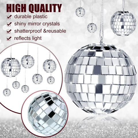 20 Piece Mini Mirror Disco Balls Set With Rope Assorted Silver Reflective Party Decor For 70s Weddings Dance Floors And Music Events In Sizes From 1.2 To 2.4 Inches displayed on a white background, showing varying sizes with reflective surfaces.