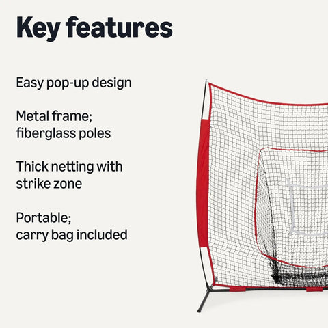 Grab-And-Go Portable Baseball And Softball Practice Net With Strike Zone Target 7x7 Ft showing key features like easy setup.