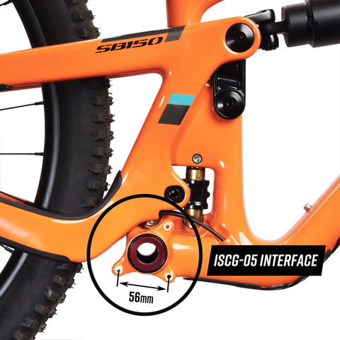 ISCG05 mount on a mountain bike frame demonstrating compatibility with Zippa Lite MTB Bash Guard for ISCG05 Mount Fits 26T To 32T Chainrings Bicycle Chain Guard And Protector For Mountain Bikes And BMX Easy Install Keeps Your Chainring Safe On Tough Trails.