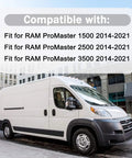 RAM ProMaster van parked in city, compatible with 1500, 2500, 3500 models from 2014-2021. Front Door Check Arm Strap Stay Hinge For Promaster 1500 2500 3500 2014 2015 2016 2017 2018 2019 2020 2021 Left Driver Side Or Right Passenger Replacement Part Built For Durability And Easy Install.