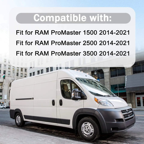 RAM ProMaster van parked in city, compatible with 1500, 2500, 3500 models from 2014-2021. Front Door Check Arm Strap Stay Hinge For Promaster 1500 2500 3500 2014 2015 2016 2017 2018 2019 2020 2021 Left Driver Side Or Right Passenger Replacement Part Built For Durability And Easy Install.