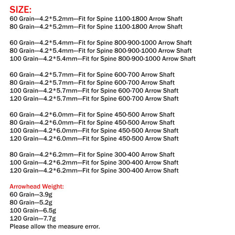 Pro Grade Durable Stainless Steel Archery Insert Arrow Points 4.2mm Glue In 24 Pack size and weight specifications chart