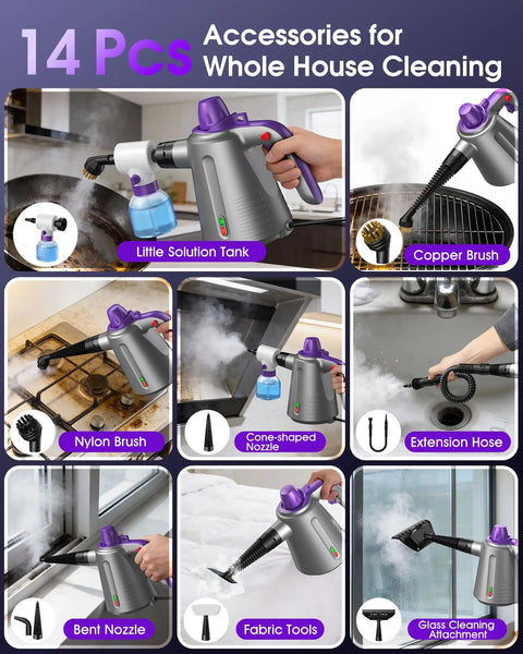 Upgrade Your Cleaning Game With This Handheld Steam Cleaner For Home, featuring attachments for various cleaning tasks.