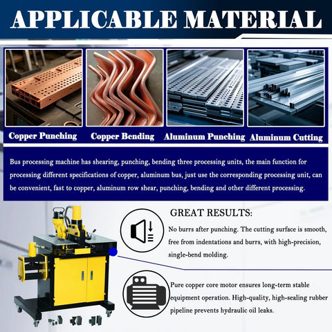 INTBUYING 3 In 1 Electric Hydraulic Busbar Processor Cutter Bender Hole Puncher Tool 20 Ton Force on a workbench with copper and aluminum materials.