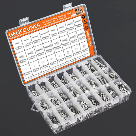 Top Shelf 810 Piece Metric Hardware Assortment Kit With M3 M4 M5 M6 304 Stainless Steel Hex Socket Screws Bolts Nuts Washers And Hex Keys in storage box.