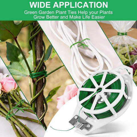 2 Pack Twist Ties For Garden Plants With Cutter 525 Feet Of Rustproof Flexible Green Plant Ties For Indoor And Outdoor Use Great For Staking Bundling Supporting Vines And DIY Garden Projects shown securing plants, with built-in cutter.