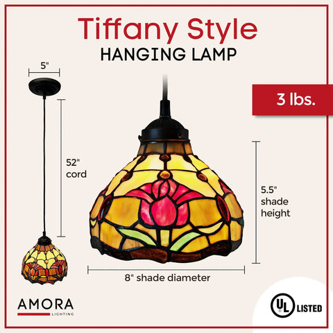 Vintage Tiffany Style Hanging Lamp with Red Floral Tulips 8 Inch Stained Glass Pendant Featuring 128 Hand Cut Pieces and 20 Jewels UL Listed