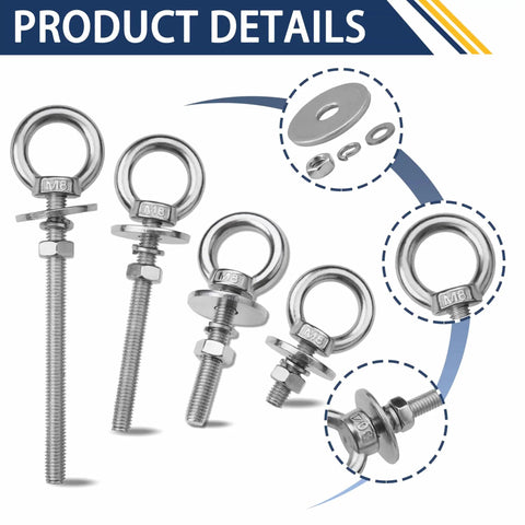 4 Pack M8 Stainless Steel Eye Bolts With Nuts 5 16th Inch By 1 Inch Long Heavy Duty Lifting Ring Eye Bolts For Hanging And Tie Downs Outdoor Use Corrosion Resistant Grade A Hardware Kit, showing front view of bolts with detailed components.