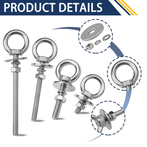 Eight Pack M8 Eye Bolts With Nuts And Washers For Heavy Duty Lifting And Tie Downs Five Sixteenth Inch Diameter Three Inch Long Stainless Steel Construction Includes Spring Washers, M8 eye bolts with washers and nuts