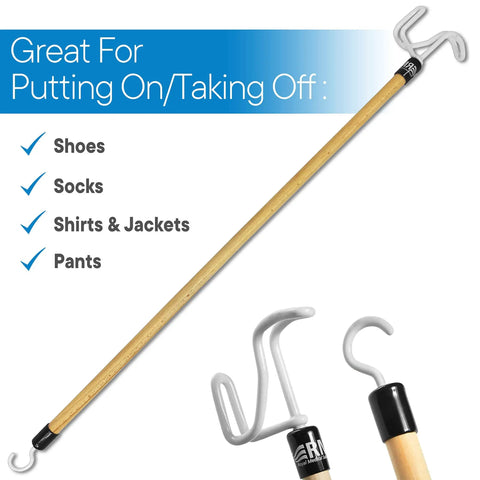 Deluxe 28 Inch Long Wood Dressing Stick With Vinyl Coated Push Pull Hook For Easy Dressing On And Off Therapist Recommended Self Help Reach Tool For Shirts Pants Skirts And Shoes, wood stick