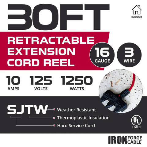 Product label for 30 Foot Retractable Extension Cord Reel With Breaker Switch And Three Outlets 16 3 SJTW Yellow Cable