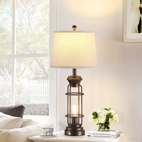 Set Of 2 Farmhouse Tall Table Lamps For Living Room And Bedroom, Oil Rubbed Bronze Finish With White Oatmeal Linen Shade, Bulbs Included