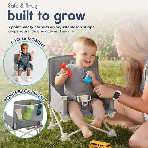 Baby using OmniBoost Travel Booster Seat With Tray For Baby On The Go Portable Folding Booster outdoors with parent